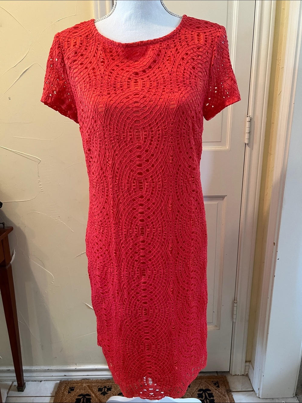Chico's 0.5 size Bright Coral Crochet Midi Dress
